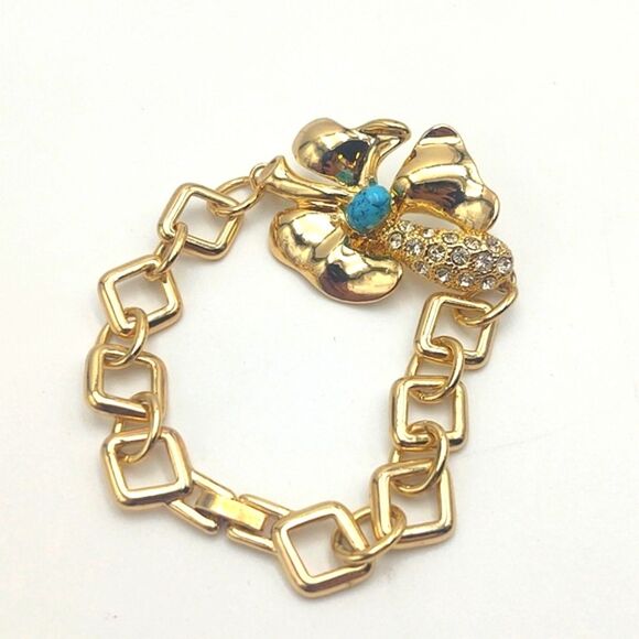 Funky Vintage Goldtone Rhinestone & Faux Turquoise Flower Bracelet - Picture 1 of 7